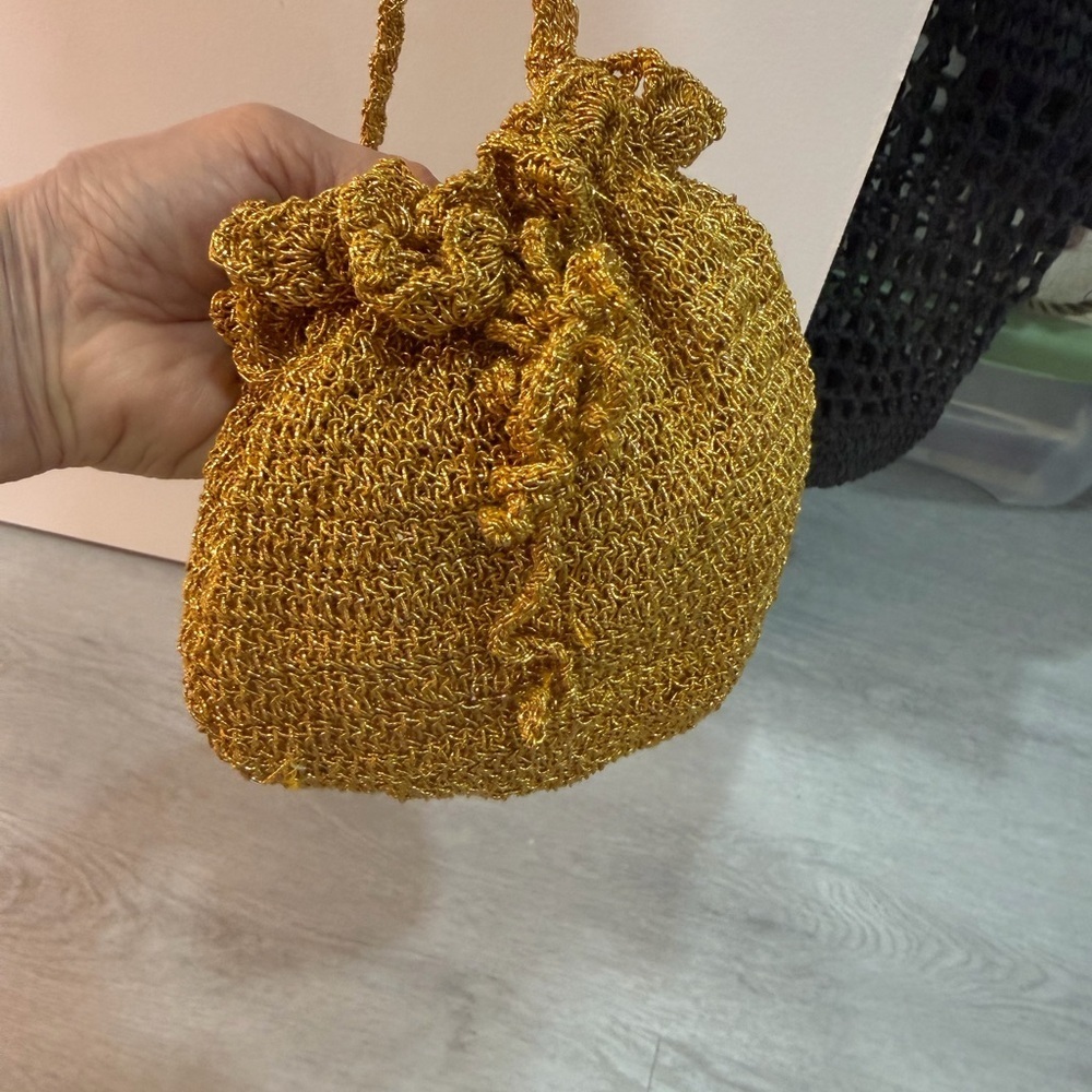 Gold Crochet Drawstring Bag